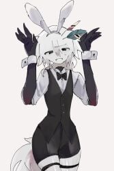 1boy bunny_ears embarrassed engel_(fundamental_paper_education) femboy fundamental_paper_education light-skinned_male male sharp_claws shiny_skin suit tail thick_thighs thighs wide_hips