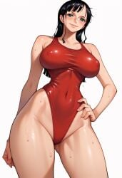 ai_generated alluring almost_naked almost_nude ass big big_breasts black_hair blue_eyes blush breasts earring earrings female female_only long_hair looking_at_viewer nico_robin one_piece red_swimsuit swimsuit z4zt3l4