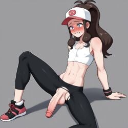 1boy ai_generated balls big_penis bigfish1279 bracelet brown_hair crop_top embarrassed erect_nipples erection femboy hat hilda_(pokemon) midriff partially_clothed pokemon pokemon_bw ripped_pants tight_clothing