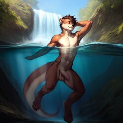 abs ai_generated anthro armpit closed_eyes foreskin hi_res long_tail male male_only mammal mustelid nature_background nipples nude nude_male outdoors partially_submerged partially_underwater_shot penis shaded underwater water