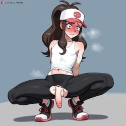 balls bigfish1279 brown_hair embarrassed hat hilda_(pokemon) penis pokemon ripped_clothing squatting tank_top yoga_pants