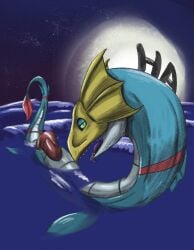 bandai_namco digimon digimon_(species) feral genitals hi_res lowest_polygon male moon partially_submerged penis prehensile_penis scalie sea sea_monster sea_serpent seadramon solo tapering_penis tongue tongue_out water