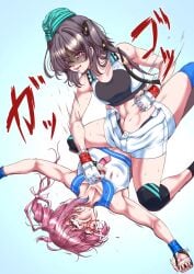 2girls abs adapted_costume aqua_hat blood blood_on_face blue_background catfight commission elbow_pads fingerless_gloves garrison_cap gloves gradient_background grey_hair hat i-168_(kantai_collection) kantai_collection long_hair lying mixed_martial_arts mma_gloves multiple_girls pixiv_commission punching red_hair santos scamp_(kantai_collection) shorts sports_bra straddling white_shorts