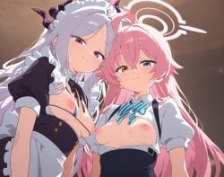 2girls ahoge ai_generated bangs bikini bikini_under_clothes blue_archive blue_bikini blue_eyes blush bow breasts closed_mouth collared_shirt frills grey_hair hair_between_eyes halo hanjyuku_proof heterochromia highres hina_(blue_archive) horns hoshino_(blue_archive) long_hair looking_at_viewer maid multiple_girls neck_ribbon nipple_slip nipples no_bra pink_hair pink_halo puffy_short_sleeves puffy_sleeves purple_eyes purple_horns ribbon shirt short_sleeves small_breasts smile striped striped_bow sweat swimsuit yellow_eyes