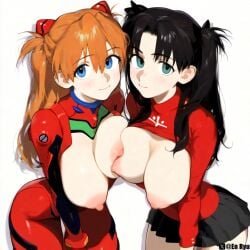 2girls areolae artist_name artist_request asuka_langley_sohryu big_breasts blue_eyes bodysuit breasts breasts_squeezed_together dark_hair fate/stay_night fate_(series) female_only neon_genesis_evangelion nipples plugsuit red_hair tohsaka_rin tsundere younger_female