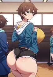 ai_generated big_ass booty_shorts bottom_heavy brown_hair female huge_ass huge_breasts large_breasts new_game! shinoda_hajime short_hair short_shorts shorts thick_thighs tomboy wide_hips