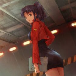 bangs bare_shoulders blush breasts brown_eyes exposed_breasts female female_only long_hair looking_at_viewer misato_katsuragi necklace neon_genesis_evangelion nipples no_bra parted_bangs pendant purple_hair smile solo standing