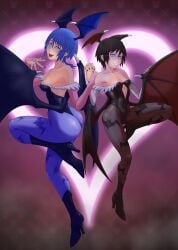 2girls absurd_res aqua_(kingdom_hearts) areola areola_slip areolae areolae_slip athletic_female bat_wings black_hair blue_eyes blue_hair cosplay darkstalkers disney duo_female fangs female female_only flying full_body glowing_eyes head_wings hi_res holding_hands interlocked_fingers kingdom_hearts looking_at_viewer morrigan_aensland morrigan_aensland_(cosplay) nail_polish pale-skinned_female pink_glow square_enix stradivarius succubus wings xion