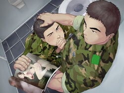 2boys against_wall artist_name bara bathroom blush brown_hair color drooling fellatio fraternity gay hand_on_head lad magazine male male_only manly multiple_boys muscle muscles oral saliva soldier sucking sweat toilet tough_guy wince winemvee yaoi