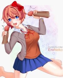 clothed dark-skinned_male dark_skin doki_doki_literature_club double_handjob eroneko fully_clothed interracial on_knees sayori_(doki_doki_literature_club)