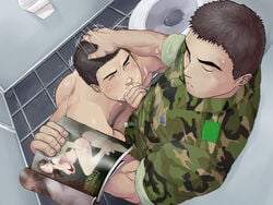 2boys against_wall bara bathroom blush brown_hair cum cum_in_mouth drooling fellatio gay hand_on_head magazine male male_only multiple_boys muscle muscles oral saliva soldier sucking sweat toilet wince winemvee yaoi