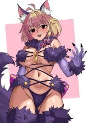 absurdres ahoge animal_ears arcueid_brunestud blonde_hair breasts cameltoe cat_ears cat_girl cat_tail claws cosplay fangs fangs_out fate/grand_order fate_(series) female fukou highres large_breasts looking_at_viewer looking_down mash_kyrielight_(dangerous_beast)_(cosplay) melty_blood navel red_eyes ribbon solo standing stomach tail thighs tsukihime