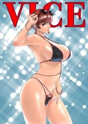 armpits artist_name bare_shoulders bikini black_bikini bracelet breasts brown_eyes character_name cleavage commentary_request earrings eyewear_on_head female fingernails hand_up highleg highleg_bikini highres jewelry king_of_fighters large_breasts looking_at_viewer navel red_hair shiny_skin short_hair simple_background sk_(sk-g) stomach sunglasses sweat sweatdrop swimsuit the_king_of_fighters the_king_of_fighters_xv thighs vice_(kof) watermark