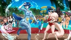 16:9 anthro bikini breasts canid canine canis clothing female fox generation_5_pokemon group hi_res human male mammal minatsu_(boredomtool) nintendo nude oshawott pokemon pokemon_(species) pool slide swimwear toy toy_gun tsarinart two-piece_swimsuit water_gun water_slide widescreen wolf