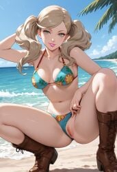 1girls ai_generated ann_takamaki bikini bikini_aside bikini_bottom bikini_bottom_aside bikini_top boots persona persona_5 presenting_pussy pussy solo solo_focus spread_legs spread_pussy squatting