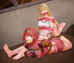 2girls angry_expression artist_request bondage breasts core_crystal feet foot_fetish gagged hogtie long_hair mythra mythra_(radiant_beach)_(xenoblade) nintendo pyra red_eyes red_hair red_leotard red_shorts rope_bondage short_hair swimsuit tagme tape_bondage tape_gag tiara worried_expression xenoblade_(series) xenoblade_chronicles_2 yellow_eyes yellow_hair