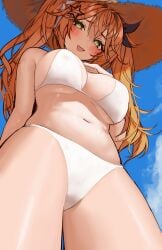 1girls bare_shoulders belly belly_focus big_breasts bikini blonde_hair blush breast_focus breasts cleavage clothed clothing dokibird exposed_shoulders front_view green_eyes hair_ornament hand_on_chest hat indie_virtual_youtuber long_twintails looking_at_viewer looking_down low-angle_view naokomama navel sky smile smiling smiling_at_viewer smug smug_face smug_smile solo solo_female solo_focus standing straw_hat swimsuit thin_waist twintails underboob virtual_youtuber waist white_bikini yellow_hair