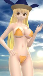 1girls 2023 3d beach belly_button bikini blonde_hair_female breasts brown_eyes cleavage clouds deity god hat hati_yukkuri_mmd headwear light-skinned_female long_hair_female looking_at_viewer mmd okina_matara outdoors sky solo_female solo_focus sun sunset swimsuit touhou water yellow_bikini