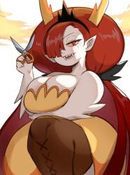 1girls big_breasts breasts clothing demon demon_girl dress female female_only hair_over_one_eye hekapoo horns lightsource looking_at_viewer red_hair scissors solo star_vs_the_forces_of_evil thick_thighs white_skin wide_hips