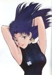 bangs bare_shoulders blush breasts brown_eyes exposed_breasts female female_only long_hair looking_at_viewer misato_katsuragi necklace neon_genesis_evangelion nipples no_bra parted_bangs pendant purple_hair smile solo standing