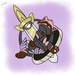 aegislash ambiguous_gender anthro bondage bondage bound duo female female/ambiguous generation_6_pokemon hi_res looking_pleasured mammal masturbating_to_other melee_weapon nintendo pokemon pokemon_(species) poppy_(skellyroon) procyonid raccoon ribbons rubbing_pussy shield skellyroon sword weapon wrapped_up