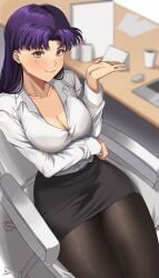 bangs bare_shoulders blush breasts brown_eyes exposed_breasts female female_only long_hair looking_at_viewer misato_katsuragi necklace neon_genesis_evangelion nipples no_bra office office_lady parted_bangs pendant purple_hair ryudraw smile solo