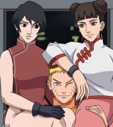 1boy 2girls ass ass_grab bare_arms bare_ass bare_legs bare_shoulders bare_thighs before_sex boruto:_naruto_next_generations carrying carrying_partner double_bun dress gloves hair_bun hand_on_ass hand_on_head hand_under_clothes imminent_threesome jacket kurotsuchi leg_grab long_hair multiple_females multiple_girls naruto naruto_(series) ninrubio no_panties no_underwear one_eye_closed pants raised_leg shirt short_hair single_sleeve tenten text thick_thighs tied_hair uzumaki_naruto