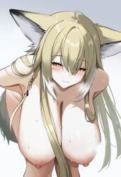 1girls animal_ears areolae arknights ateoyh bent_over big_breasts blonde_hair blush breasts cleavage female female_only hair_between_eyes huge_breasts kemonomimi large_breasts leaning_forward light-skinned_female light_skin long_hair looking_at_viewer nipples scar scar_under_eye smile smirk smug solo sweat sweatdrop tail vulpisfoglia_(arknights) yellow_eyes