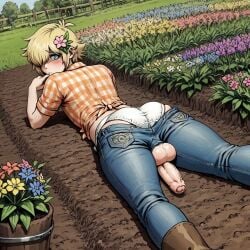 ai_generated basil_(omori) big_ass big_butt blonde_hair blowjob eyes_covered farmer femboy flower front_view hair_over_eyes imminent_sex male male_only mud omori oral sissy smile thick_ass thick_thighs tongue_out tractor yaoi