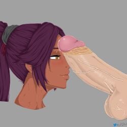 bleach blush cum_drip cum_dripping cum_dripping_from_penis dark-skinned_female dirty_penis kissing_penis p0i2 ponytail purple_hair shihouin_yoruichi shihouin_yoruichi side_view smegma smegma_on_face smelly_cock white_penis