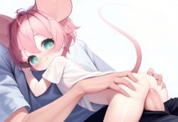 age_difference ai_generated anal anal_sex anal_sex anthro bottomless furry fuzzle fuzzleedits_(artist) green_eyes hand_on_butt hi_res lying_on_person mouse mouse_ears mouse_tail pink_fur pink_hair size_difference young