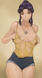 bangs bare_shoulders blush breasts brown_eyes exposed_breasts female female_only long_hair looking_at_viewer misato_katsuragi necklace neon_genesis_evangelion nextoad nipples no_bra parted_bangs pendant purple_hair smile solo standing