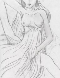 1boy 1girls animal_ears artist_request breasts female head_out_of_frame inuyasha inuyasha_(character) line_art long_hair male monochrome nipples nude sango sketch uncolored