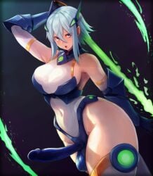 bare_shoulders blue_eyes blue_hair breasts bulge calpish covered_navel covered_penis elbow_gloves elekshaal_(calpish) erection erection_under_clothes female futanari gloves hair_between_eyes headgear highleg highleg_leotard highres holding holding_sword holding_weapon large_breasts large_penis leotard looking_at_viewer open_mouth original penis short_hair skin_tight solo sword testicles thick_thighs thighhighs thighs variant_set weapon white_leotard white_thighhighs