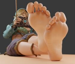 1boy 3d 3d_(artwork) 5_toes blonde_hair clothed_male_nude_male crossed_ankles crossed_legs female_clothed femboy giant_male link_(breath_of_the_wild) link_(tears_of_the_kingdom) male/male male_feet male_focus nintendo smaller_male tagme the_legend_of_zelda:_breath_of_the_wild the_legend_of_zelda:_tears_of_the_kingdom