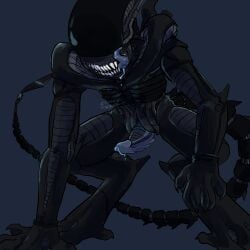 1:1 20th_century_fox 20th_century_studios alien alien_(franchise) anthro bodily_fluids claws concupicentquadrantz eyeless genitals hi_res humanoid male male_xenomorph nude penis smile solo xenomorph