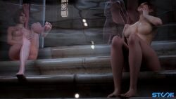 1futa 2girls 3d 3d_(artwork) ada_wong alcina_dimitrescu ashley_graham bathhouse bathing blender_(software) completely_nude flaccid_penis foot_focus futanari in_water resident_evil standing_over stuuf69 underwater_view wet_skin