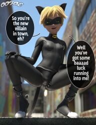 1boy 3d adrien_agreste blonde_hair brat bulge_through_clothing cat_noir catsuit chat_noir daz_studio dialogue english_dialogue english_text gay green_eyes instant_loss looking_at_viewer male male_only miraculous_ladybug nipple_bulge nipples_visible_through_clothing oofoe twink