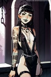 ai_generated black_hair fangs futanari goth goth_girl green_eyes piercings slit_dress tattoos vampire