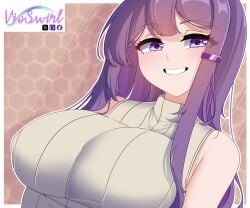 1girls 4k artist_name artist_signature big_breasts breasts clothed clothed_female clothing doki_doki_literature_club exposed_shoulders eyebrows eyebrows_visible_through_hair eyelashes eyelashes_visible_through_hair female female_only hairband highres light-skinned_female light_skin long_hair looking_at_viewer nipple_bulge open_smile purple_eyes purple_hair sfw shiny_skin simple_background slight_blush smile smiling_at_viewer solo solo_female solo_focus teeth turtleneck turtleneck_sweater vioswirl white_clothing white_outline white_turtleneck yuri_(doki_doki_literature_club)