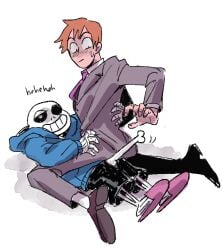 2022 2boys animated_skeleton arataka_reigen black_shorts blue_hoodie blush bone bone_penis brown_hair crossover duo english_text erection fully_clothed gay genitals grin hoodie human human_on_humanoid humanoid looking_back luoiae lying male male/male male_only mob_psycho_100 on_back pink_slippers sans shorts simple_background skeleton slippers smile straddling sweat teeth text undead undertale undertale_(series) unusual_genitalia unusual_penis white_background white_body white_penis yaoi