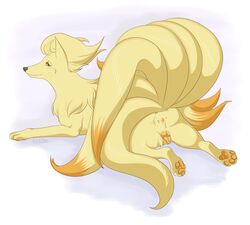 2018 animal_genitalia animal_pussy blush canine canine_pussy digital_media_(artwork) egging_(artist) female female_only feral fur looking_at_viewer mammal multi_tail ninetales nintendo pokémon_(species) pokemon presenting pussy red_eyes simple_background smile solo tan_fur video_games