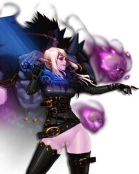 1boy abs artist_request belt blonde_hair blue_eyes contrapposto dagger dungeon_and_fighter dungeon_fighter_online female fur_trim garter_straps glowing glowing_eyes long_hair male no_panties parted_lips pussy skin_tight skull smirk thigh_strap thighhighs weapon