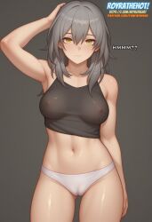 ai_generated armpits black_tank_top cameltoe casual_clothes covered_nipples grey_hair honkai:_star_rail light-skinned_female light_skin long_hair messy_hair panties royrathehot shiny_skin stelle_(honkai:_star_rail) tank_top text watermark white_panties yellow_eyes