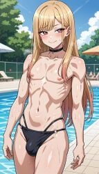 1boy ai_generated belly_button bikini bikini_bottom black_bikini bulge femboy flat_chest flat_chested genderswap_(ftm) highres kitagawa_marin navel nipples outdoors outside pecs pectorals pool public rule_63 sono_bisque_doll_wa_koi_wo_suru tagme topless wet wet_skin