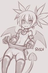 barely_clothed bottomless dark_ryev disgaea earrings etna female looking_at_viewer nipples pointy_ears presenting pussy ryev small_breasts smile solo solo_focus tail tied_hair twintails upskirt wings