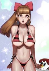 1girls bikini blossom_(powerpuff_girls) blush bow brown_hair busty cleavage cute embarrassed embarrassed_female nice_body power_girl powerpuff_girls randy_(awesomevillage) standing swimsuit