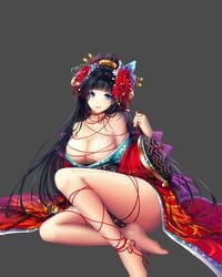 1girls barefoot black_hair blue_eyes breasts cleavage female female_only hair hair_ornament kimono large_breasts long_hair solo watermark xuahannin