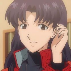 bangs brown_eyes cute cute_face ear earrings female female_only indoors jacket long_hair looking_at_viewer misato_katsuragi necklace neon_genesis_evangelion parted_bangs pendant purple_hair smile solo tucking_hair_back turtleneck