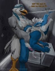 absurd_res anal anal_sex anthro anus ass avian bathroom beak bent_over bird blue_body blue_fur bodily_fluids cum cum_on_object cumshot dialogue dominant dominant_anthro dominant_male dragon ejaculation eyewear eyewear_on_head feathers feet from_behind_position fur furred_dragon furred_scalie genital_fluids genitals goggles goggles_on_head gull hair hands hi_res lari larid looking_pleasured male male/male male_penetrating mane mythological_creature mythological_scalie mythology penetration public public_restroom pulling_hair raised_tail reku reku_illustration restroom_stall scalie sex squall_(plaguepilot) tail talreth toilet touching_hair wall_art white_body winged_arms wings